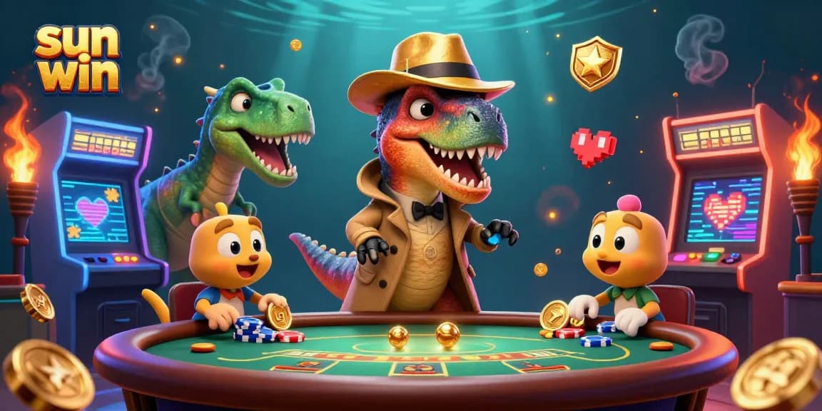 Win big with sun win in a vibrant cartoon casino scene featuring a velociraptor card counter and colorful game elements.