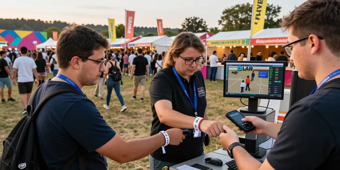 Control de acceso con pulseras at vibrant festival entry, showcasing efficient access management.