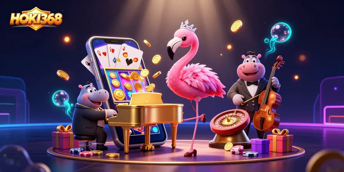 Engage in thrilling gameplay with HOKI368's vibrant 3D casino scene filled with lively characters and games.