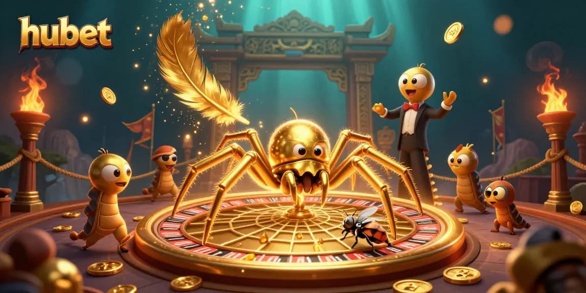 Bet with hubet as the golden spider spins a roulette wheel web amidst fiery casino action.