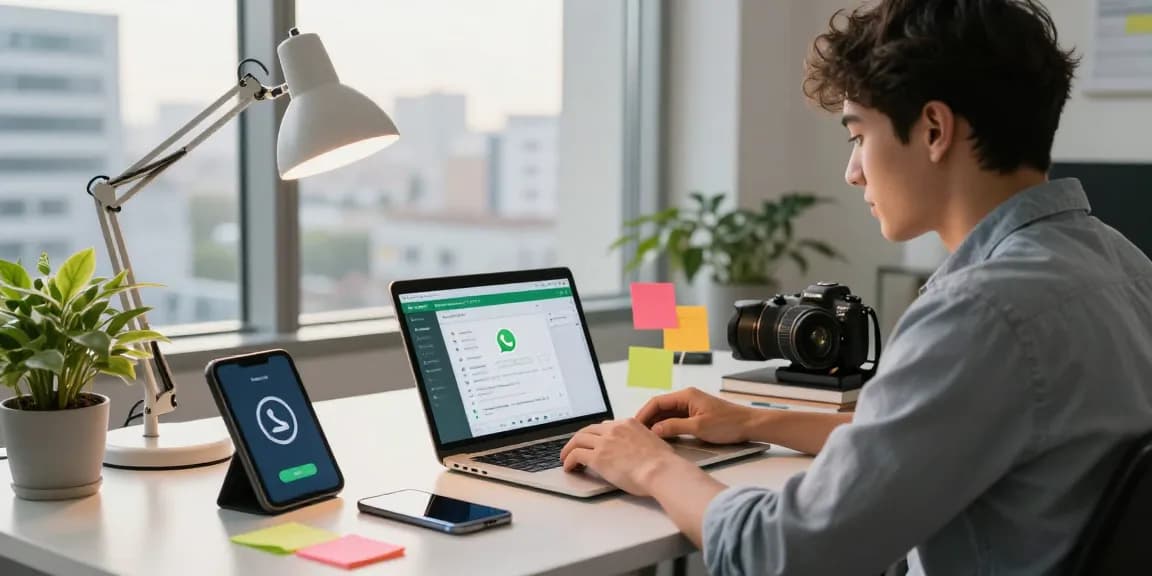 Professional using WhatsApp網頁版 on laptop in a modern office setting.