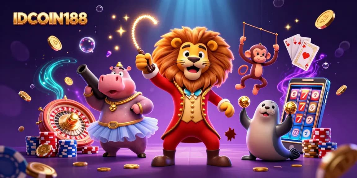 IDCOIN188 showcases a vibrant casino scene with colorful characters and elements, enhancing the gaming experience.