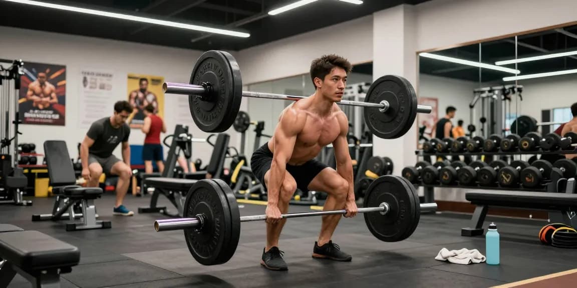 Kraftsportler trainiert im Anabolika Shop Deutschland Fitnessstudio, konzentriert auf die richtige Kreuzheben-Form umgeben von Fitnessgeräten.