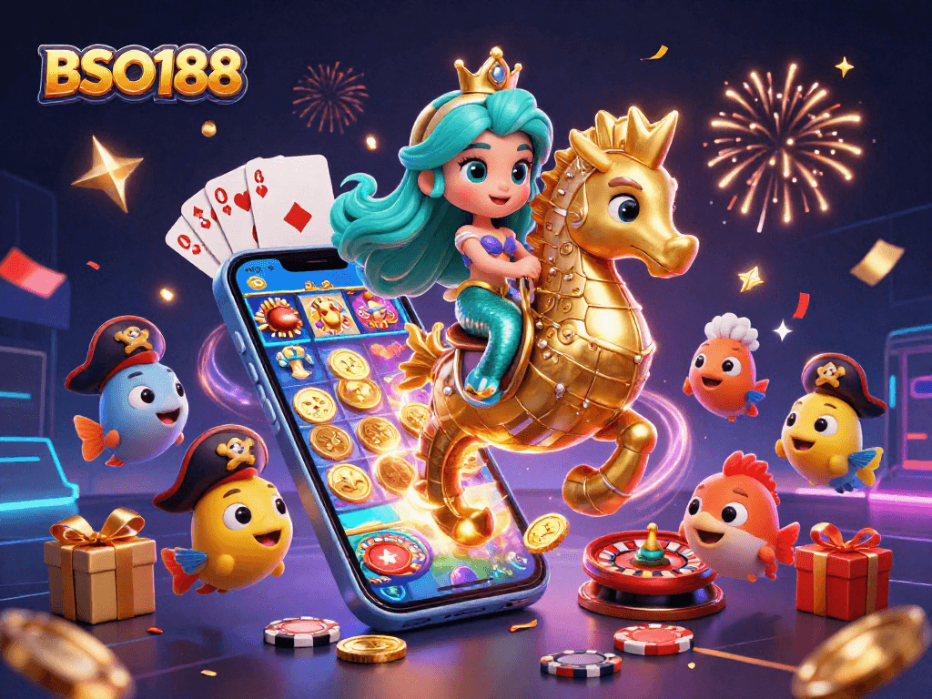 Experience the excitement of BSO188 with colorful slot games and vibrant casino elements.