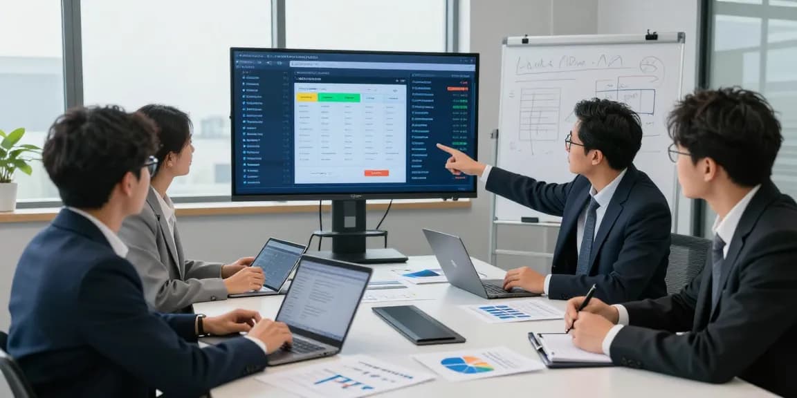 Team discussing strategies to detect fraud invoice in a modern office setting, with data displayed on screens and collaborative spirit.
