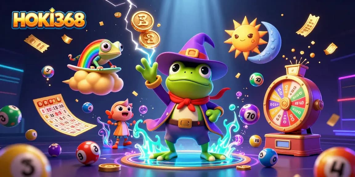 Experience thrilling wins at HOKI368 with a vibrant 3D scene of gaming excitement and golden rewards.
