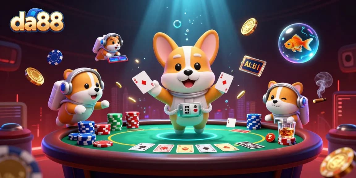Experience the excitement of da88 with a floating astronaut corgi and vibrant casino elements.