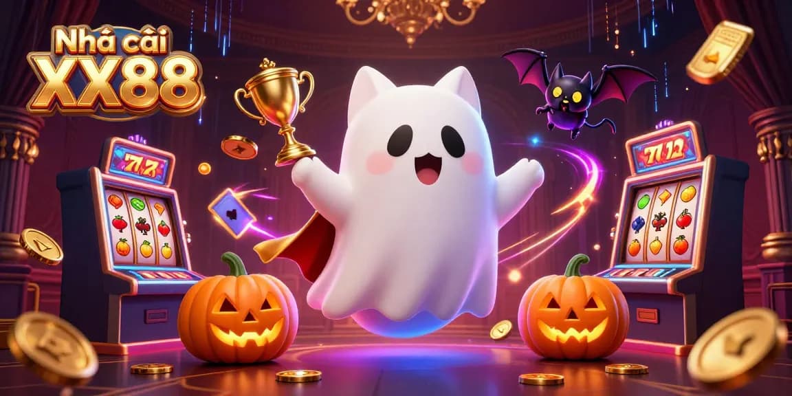 Experience Nhà cái XX88's thrilling casino environment with a friendly ghost cat, vibrant games, and exciting betting action.