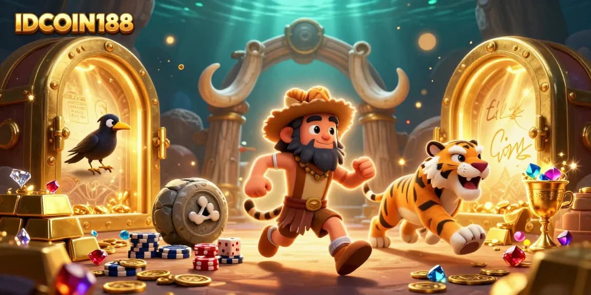 Experience the thrilling gameplay of IDCOIN188 with a vibrant prehistoric casino theme featuring lively characters.