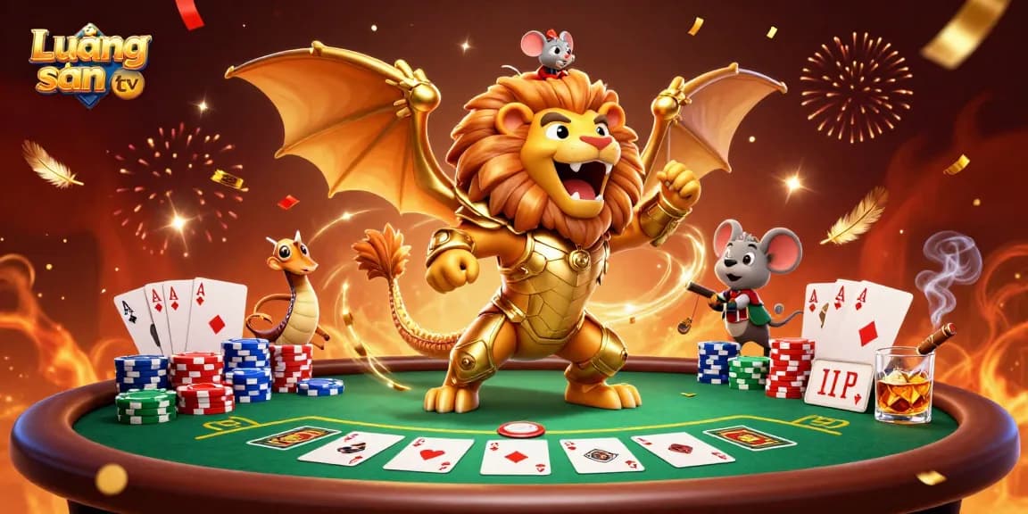 Lương sơn tv delivers an exciting scene of a triumphant chimera, poker elements, and gold shimmer, capturing the thrill of gaming.