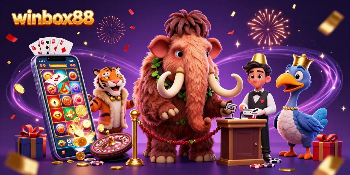 Winbox88 casino bouncer checks IDs as a saber-tooth tiger and dodo bird welcome in colorful gaming scene.