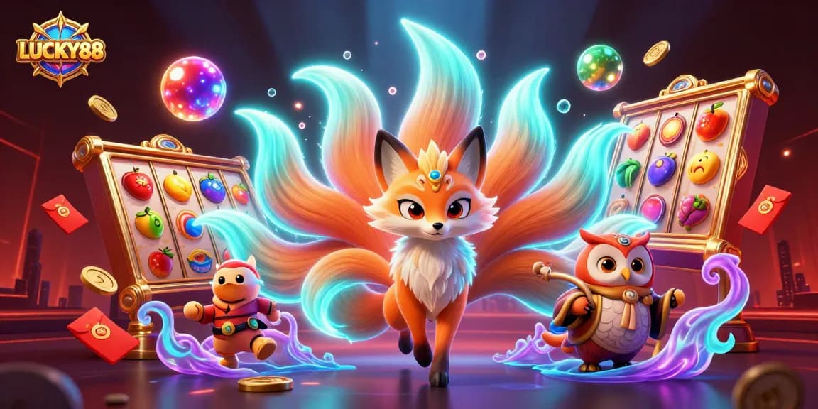 LUCKY88 showcases a vibrant 3D illustration capturing the excitement of dynamic slots and casino magic.
