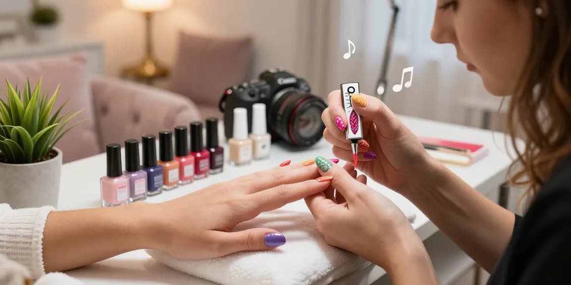 Stylist kuku mengaplikasikan desain LUXURY 12 pada kuku klien di salon yang mewah.
