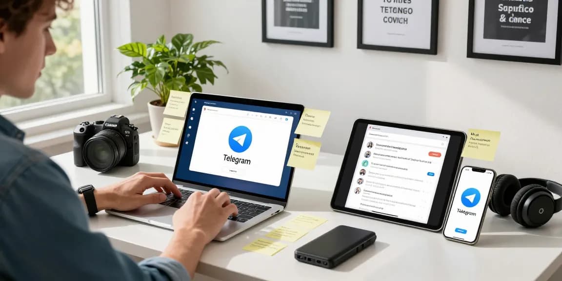 Engagement with telegramin-cn.com on multiple devices in a modern tech workspace.