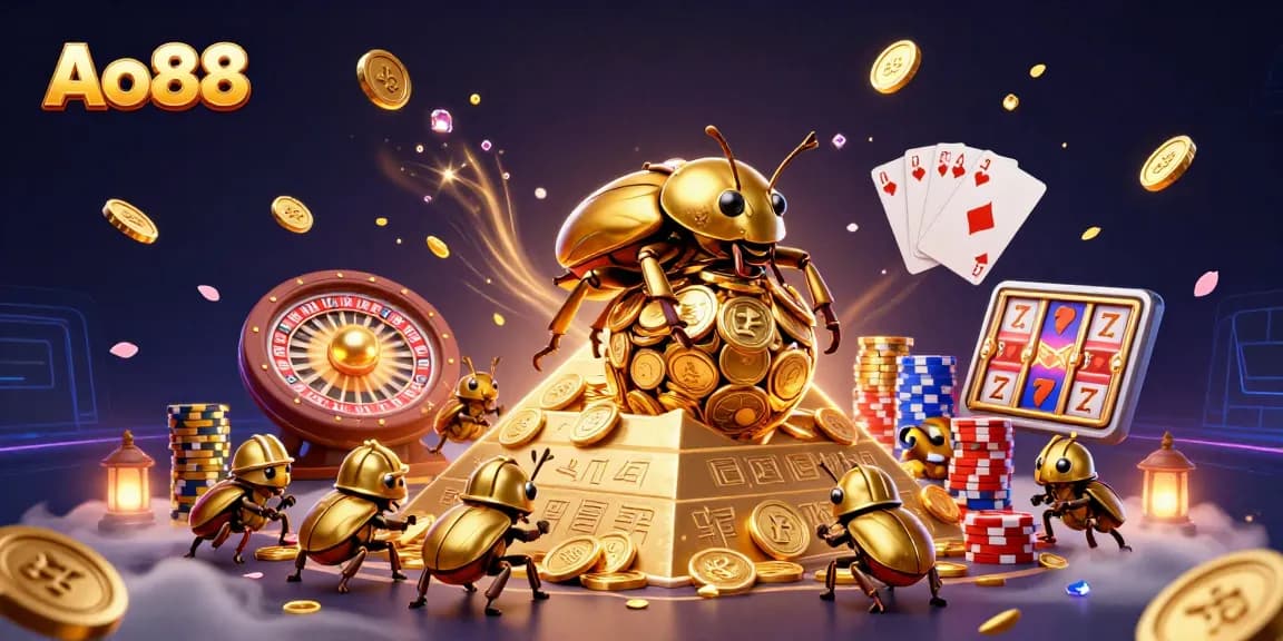 Experience Ao88 with a golden beetle rolling coins and dynamic casino elements surrounding it.