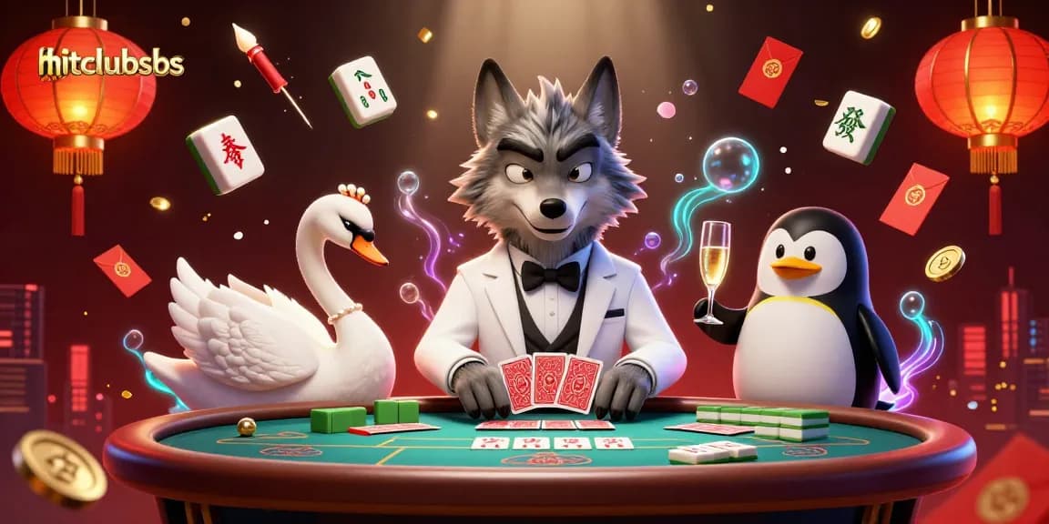 Experience the thrill of baccarat with "hitclubsbs" featuring a debonair wolf, elegant swan, and sophisticated penguin in action.