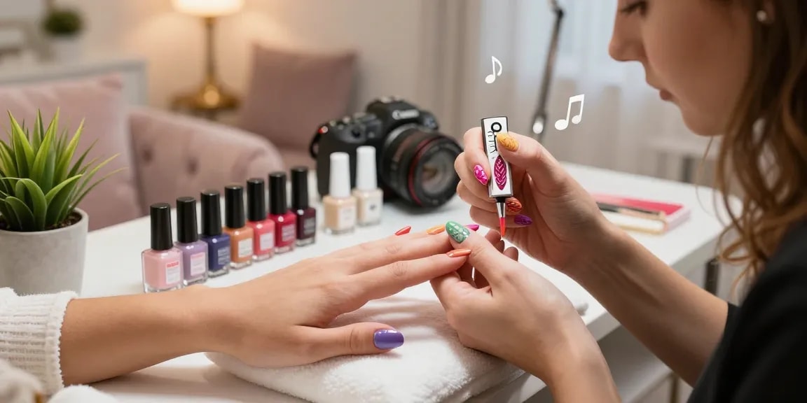 Stylist kuku mengaplikasikan desain LUXURY 12 pada kuku klien di salon yang mewah.