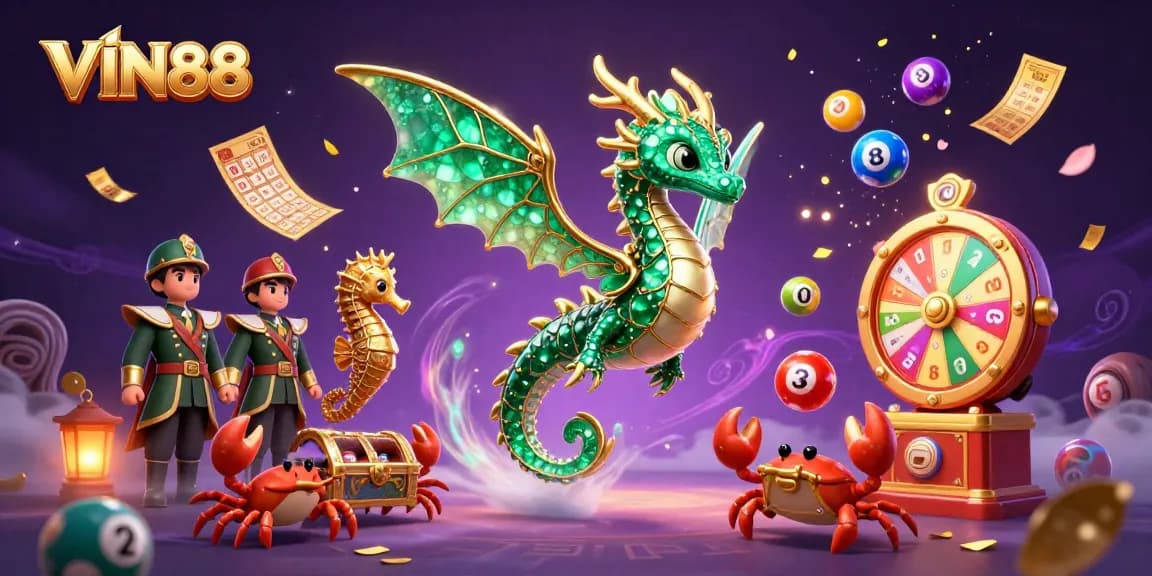 Engage with VIN88's vibrant lottery scene featuring dazzling characters and casino elements.