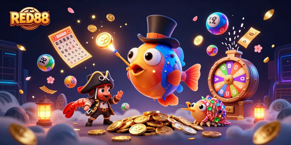Experience excitement with RED88 as glowing anglerfish attracts golden coins in vibrant gaming scene.