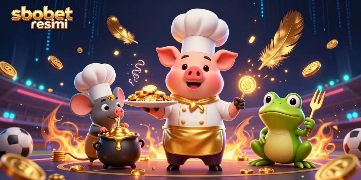 Experience sbobet resmi with a festive scene of characters celebrating sports betting, featuring gold coins and vibrant elements.
