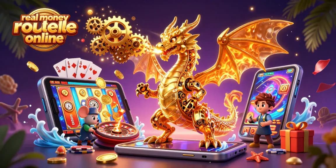 Experience real money roulette online with a golden dragon, vibrant games, and immersive casino elements.