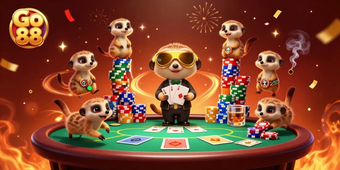 Go 88 meerkats in a lively casino scene, stacking chips and celebrating wins.