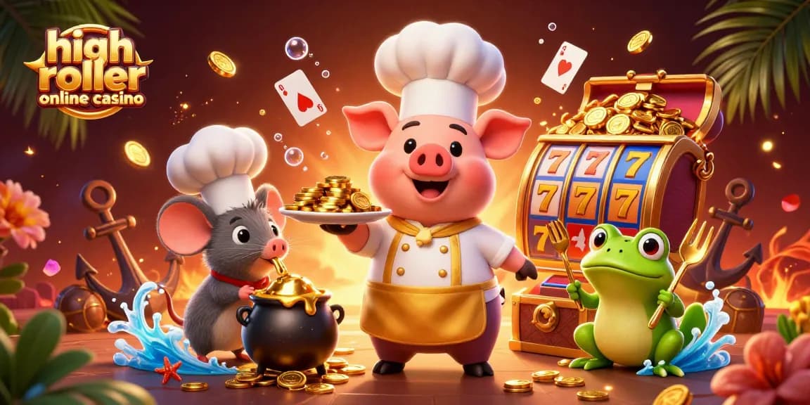 Engage in the high roller online casino experience with a vibrant scene of animated characters and gaming elements.