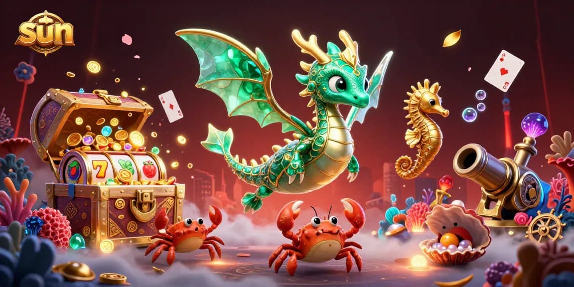 Experience sun-themed slot action with a vibrant sea dragon and theatrical casino treasures.