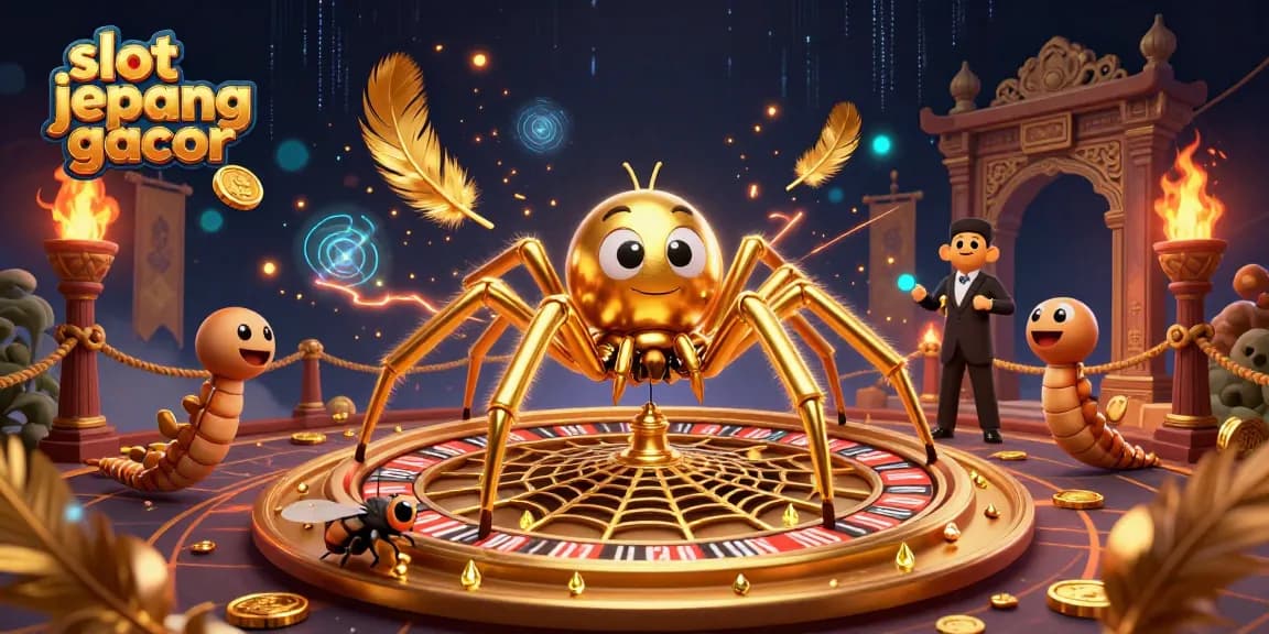 Experience the excitement of slot jepang gacor with a golden spider and vibrant gambling elements.