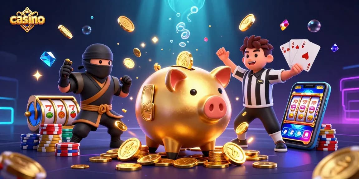 Engaging casino scene with animated sumo piggy bank and vibrant slot machine elements.