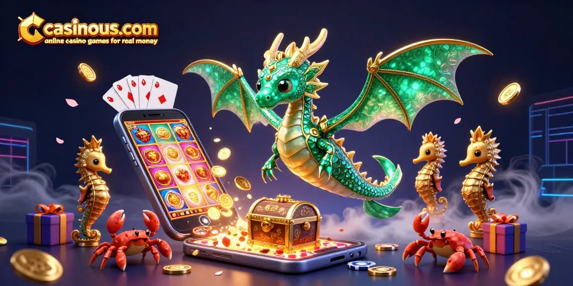 A 3D illustration depicting casinous.com online casino games for real money with a sea dragon and colorful gaming elements.