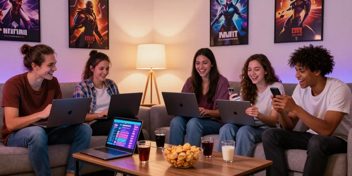 Engaging scene of friends playing html sex games together on multiple devices, highlighting fun and interaction.