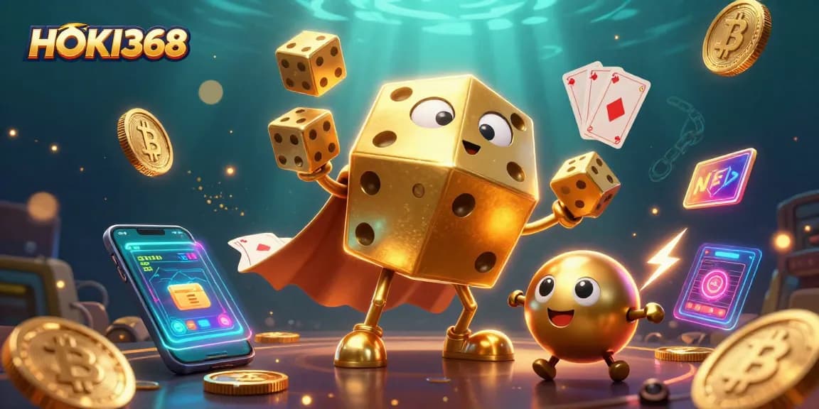 Engage with HOKI368's dynamic gaming scene, showcasing golden dice and crypto elements.