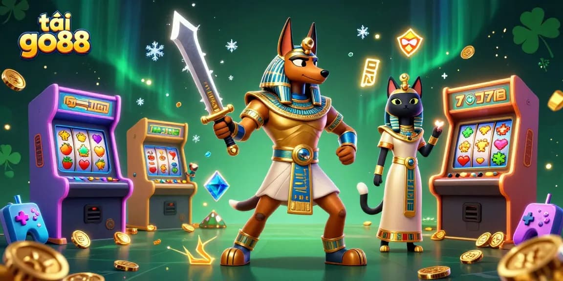 Play exciting games at tải go88 with Anubis and Bastet under a vibrant casino theme