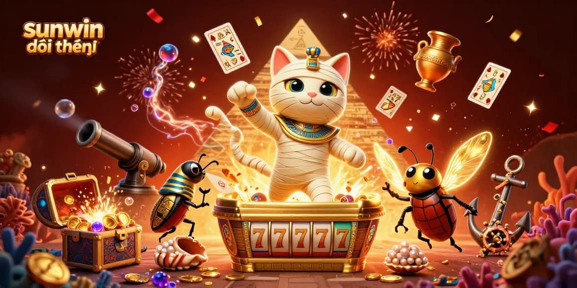 A vibrant scene of sunwin đổi thưởng with an Egyptian mummy cat, treasure chest, and slot elements celebrating in a casino