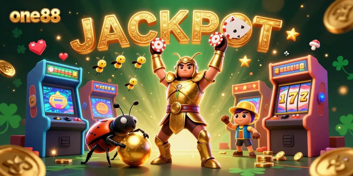 Experience gaming excitement with one88 as a heroic beetle celebrates a jackpot victory.