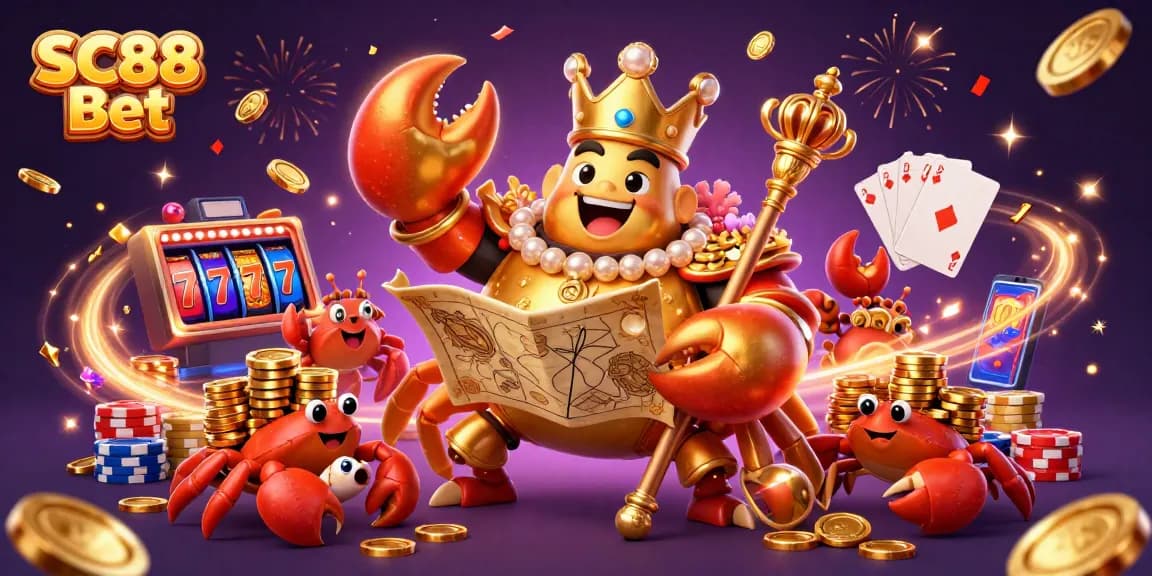 Engage with SC88 Bet's exciting casino world featuring a majestic golden crab emperor and thrilling gaming elements.