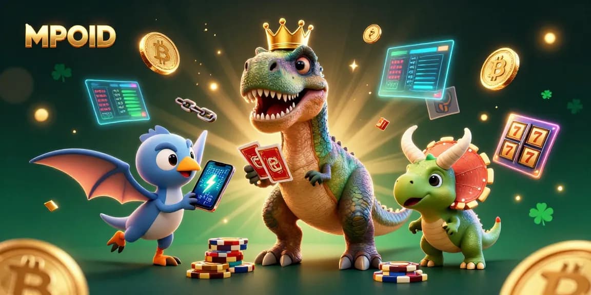 Engage in thrilling gameplay featuring MPOID as a T-Rex shuffles cards alongside a baby triceratops in a vibrant casino.