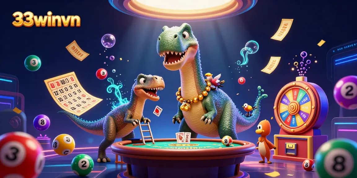 Engage with a vibrant 33winvn casino scene featuring a brontosaurus and raptor dealing cards.