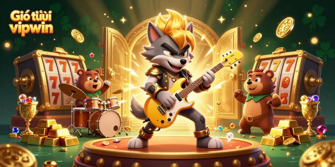 Giới thiệu vipwin showcases a rock star wolf and drummer bear in a vibrant casino scene with slot reels.
