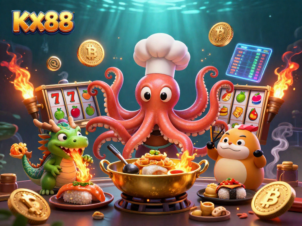 KX88 players enjoying slot games with a sushi chef octopus, vibrant undersea environment.