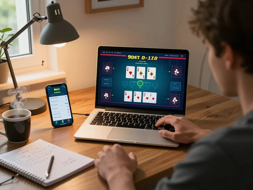 Player engaging in strategic gameplay on 9bet app in a cozy home office setting.