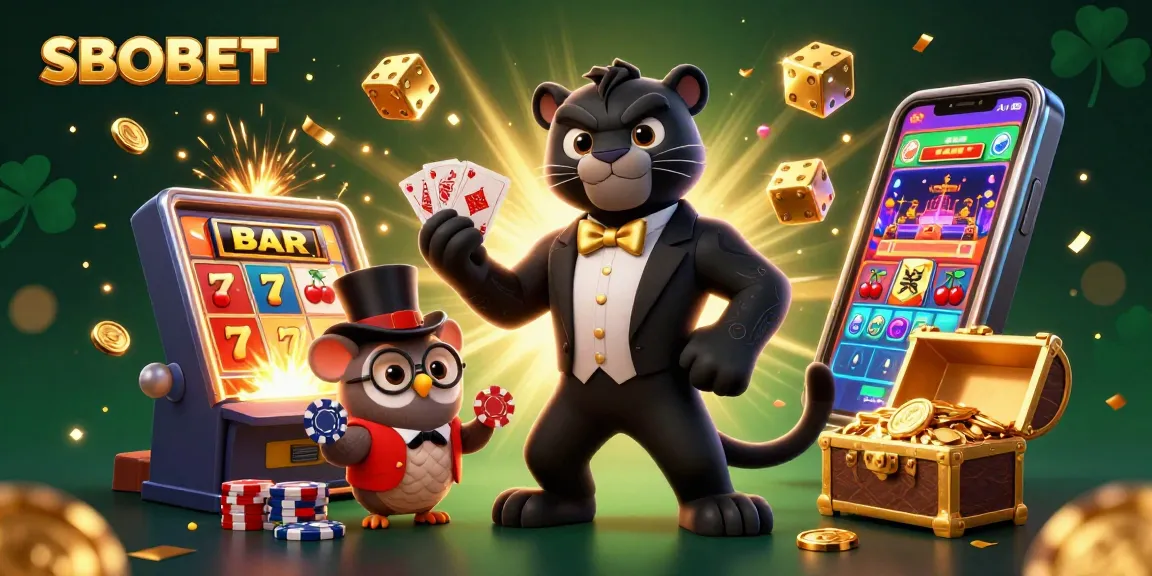 SBOBET captures excitement with a stylish panther dealing cards surrounded by vibrant casino elements.