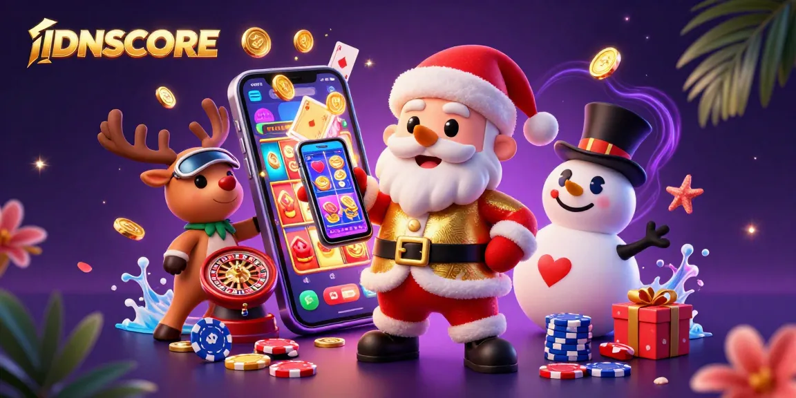 IDNSCORE offers a vibrant gaming experience with colorful slots and casino fun, featuring characters in a thrilling scene.