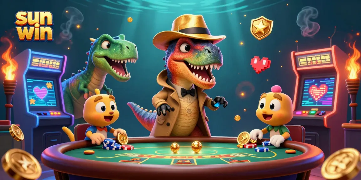 Win big with sun win in a vibrant cartoon casino scene featuring a velociraptor card counter and colorful game elements.