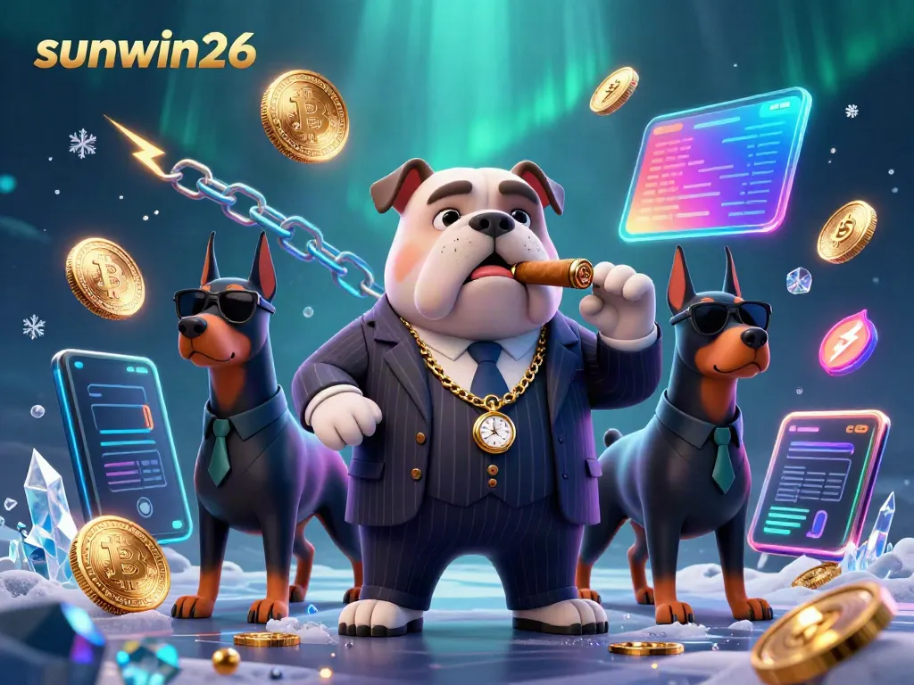 Engage with sunwin26’s vibrant digital casino scene featuring a mafia bulldog and Doberman bodyguards surrounded by cryptocurrencies.