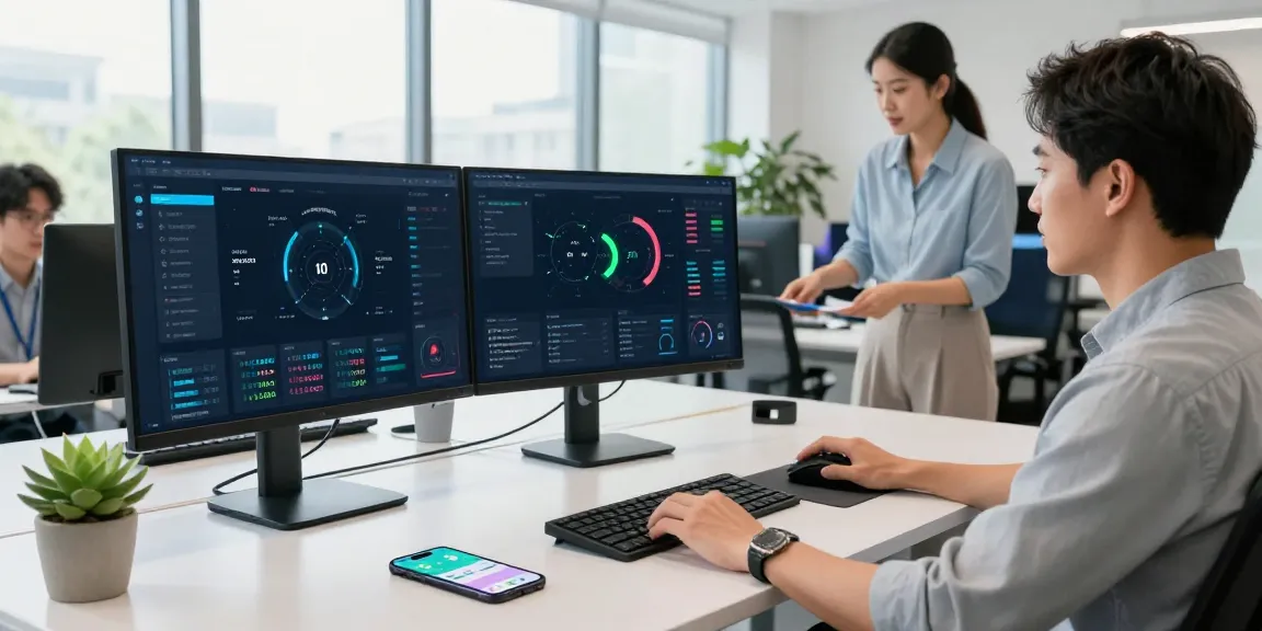 快连 network optimization in a modern tech office with professionals analyzing performance metrics and collaborating.