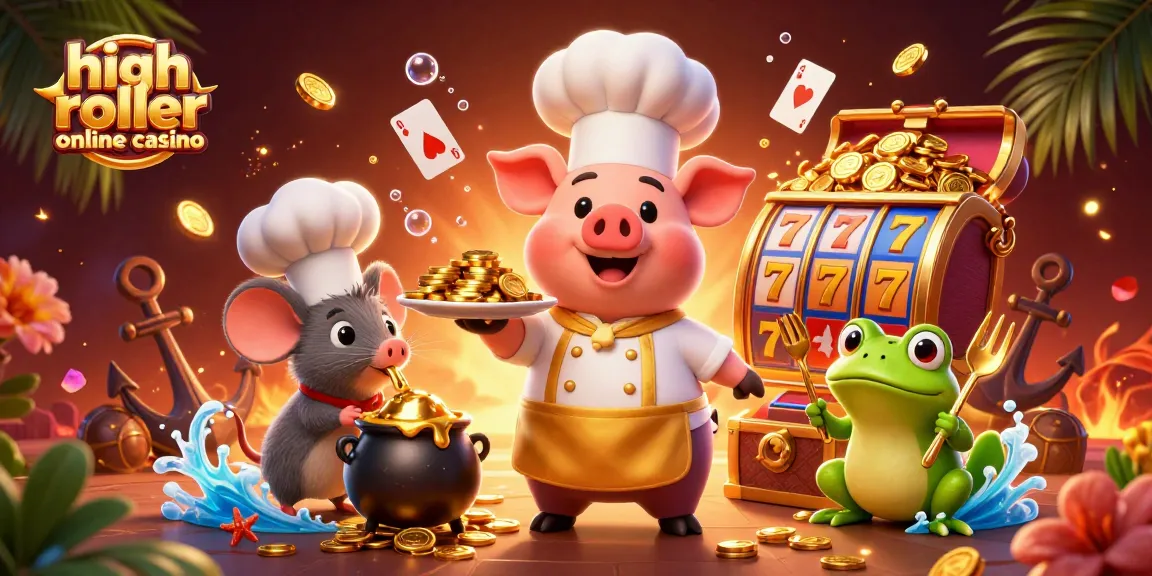 Engage in the high roller online casino experience with a vibrant scene of animated characters and gaming elements.
