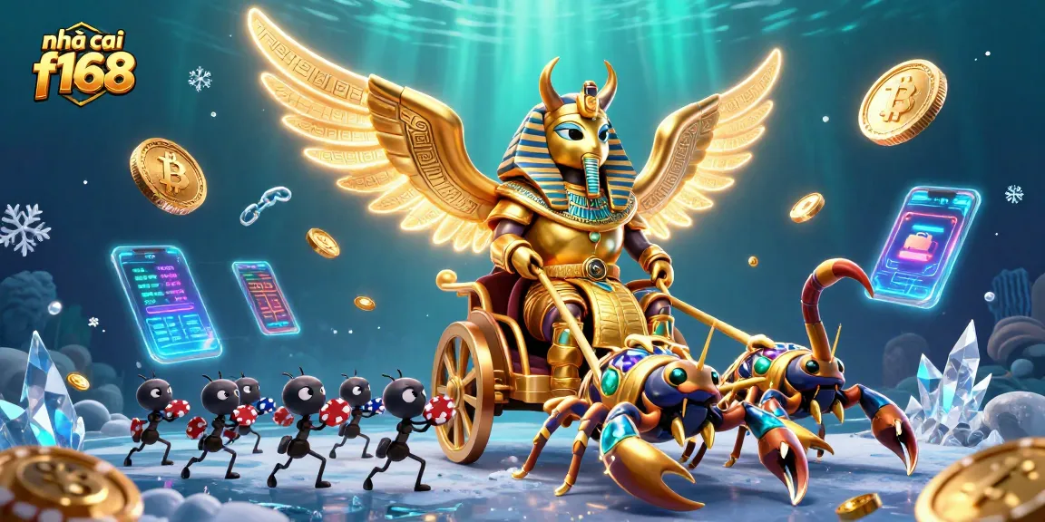 Engage with the thrilling world of nhà cái f168, featuring a 3D illustration of a golden scarab beetle amidst casino elements.