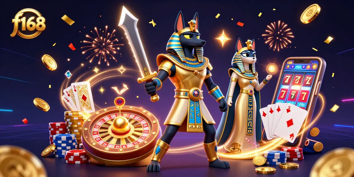 Experience thrilling gameplay at f168 with ancient Egyptian warriors and vibrant casino elements.